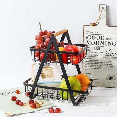 استاند فاكهة معدن 2 دور بمقبض خشب زان - تصميم فخم
